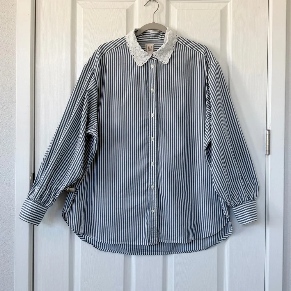 Gap x DÔEN Blue Striped Button Down Shirt with Eyelet Lace Collar - Picture 4 of 10